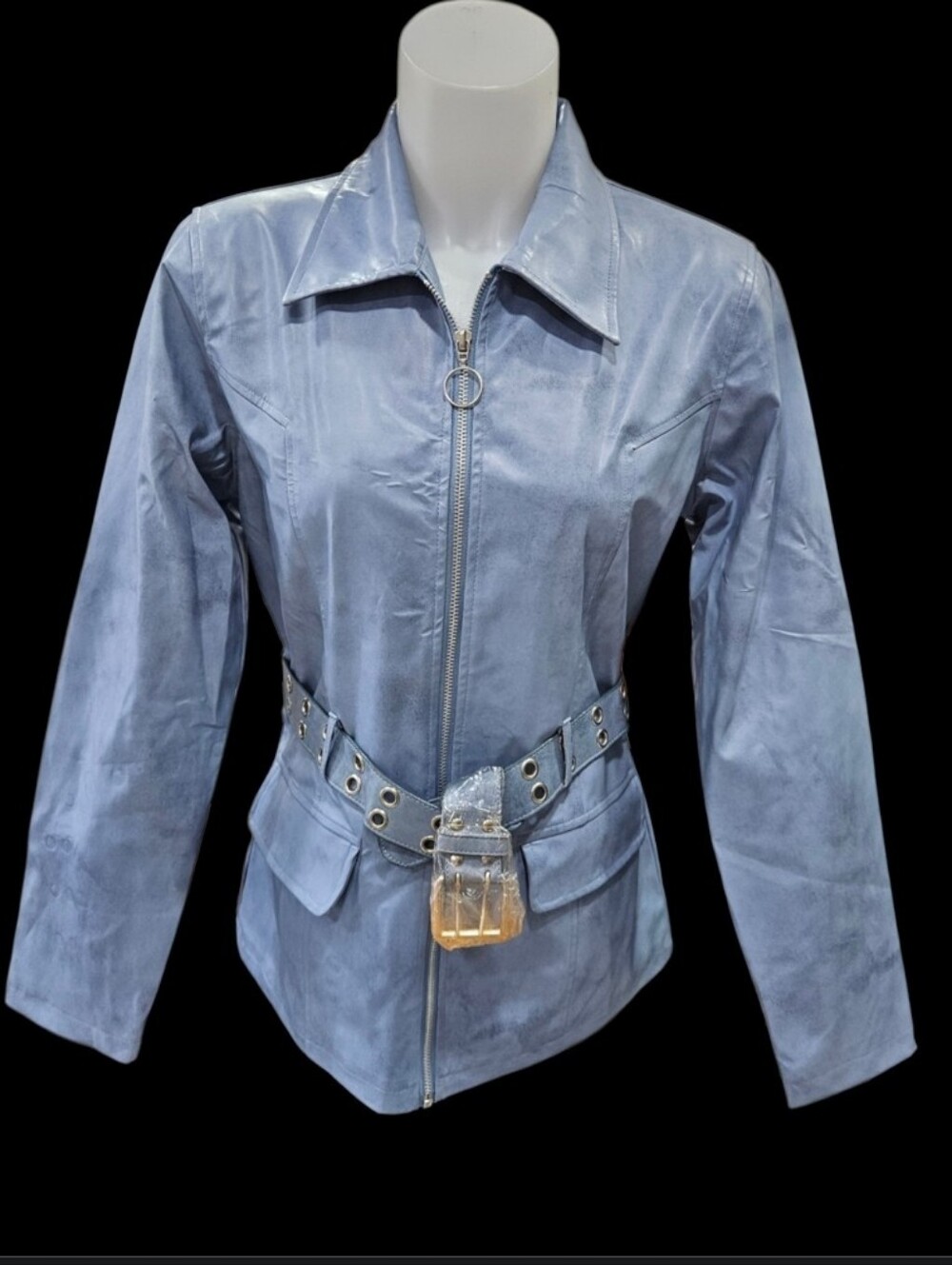 VTG RAVE Blue Vegan Leather PU Trench Coat Jacket Wide Belt Full Zip Sz S NWT